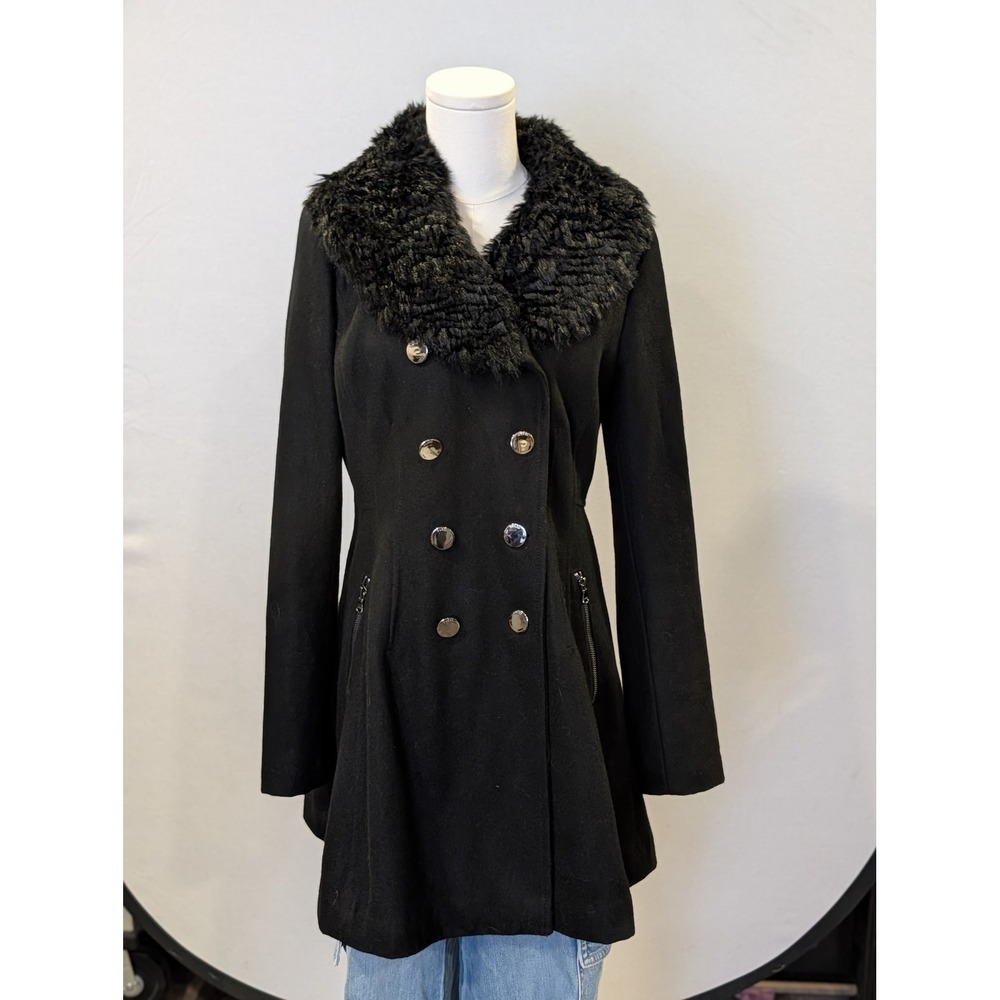GUESS Women's Black Wool Blend PeaCoat Faux Fur Collar Double Breasted Medium